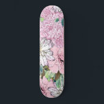 Cute Girly Blush Pink & White Floral Illustration Skateboard<br><div class="desc">A romantic, elegant, light pink, blush, white flowers, brown foliage, and teal, green monstera leaves illustration, featuring dahlias, peonies and roses botanic blooms, light pink, blush, soft pink and white pastel colors, on a solid mint green color background. This dreamy, whimsical vintage feel blossoming flowers artwork will certainly bright up...</div>