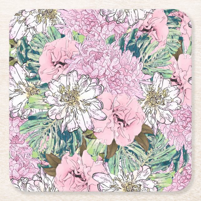 Cute Girly Blush Pink & White Floral Illustration Square Paper Coaster (Front)