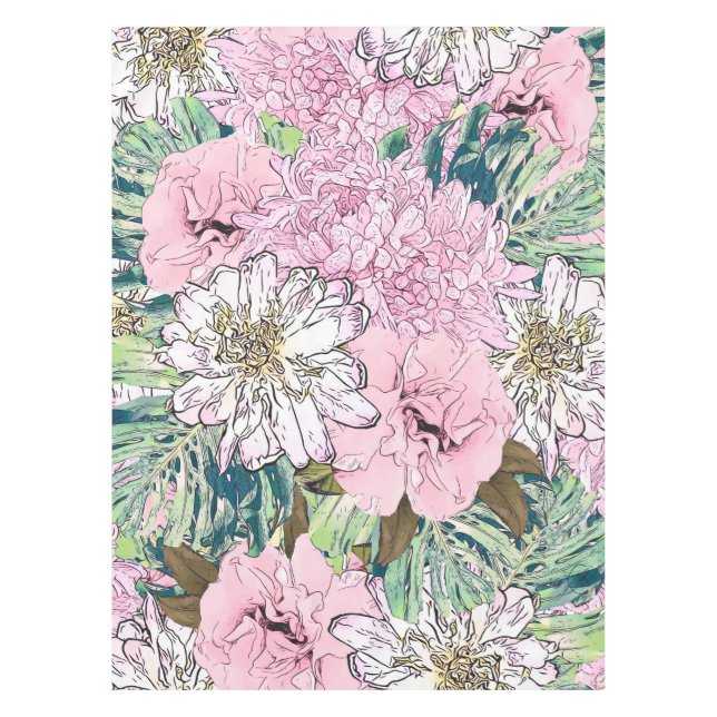 Cute Girly Blush Pink & White Floral Illustration Tablecloth (Front)