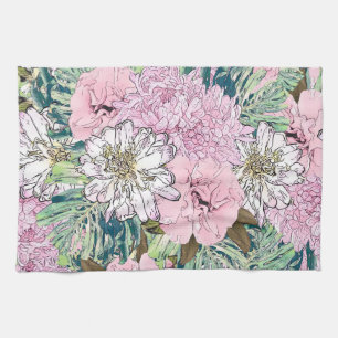 Cute Girly Blush Pink & White Floral Illustration Tea Towel