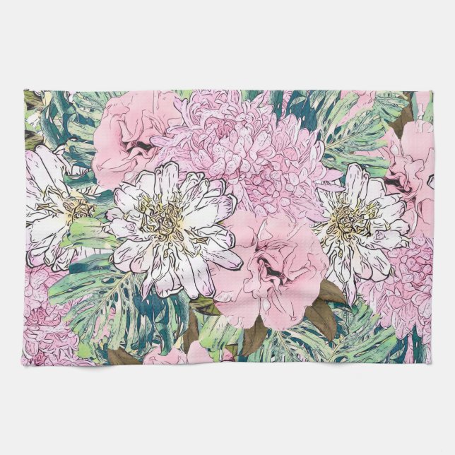 Cute Girly Blush Pink & White Floral Illustration Tea Towel (Horizontal)
