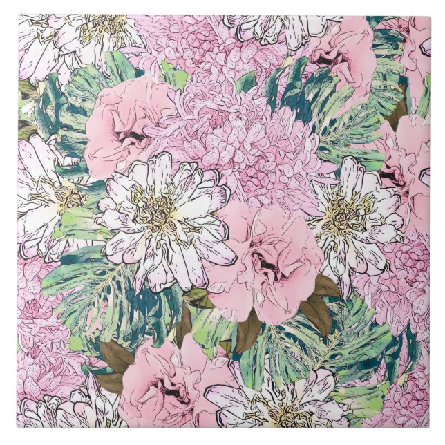 Cute Girly Blush Pink & White Floral Illustration Tile (Front)