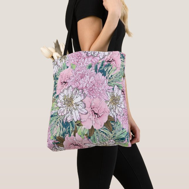 Cute Girly Blush Pink & White Floral Illustration Tote Bag (Close Up)