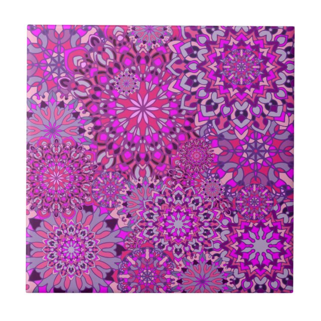 Cute Girly Boho Chic Pink Purple Floral Mandalas Tile (Front)