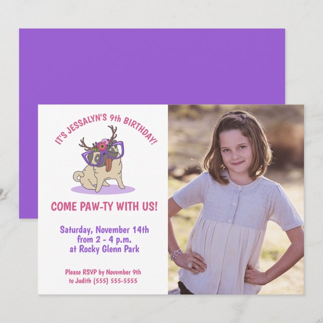 Cute Girly Boho Floral Pug Purple Glasses Birthday Invitation (Front/Back)