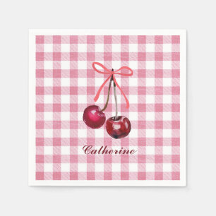 Cute Girly Bow Cherry Pink Gingham Plaid Name Napkin