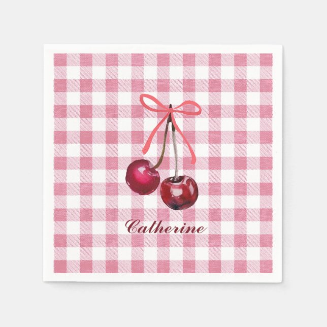 Cute Girly Bow Cherry Pink Gingham Plaid Name Napkin (Front)