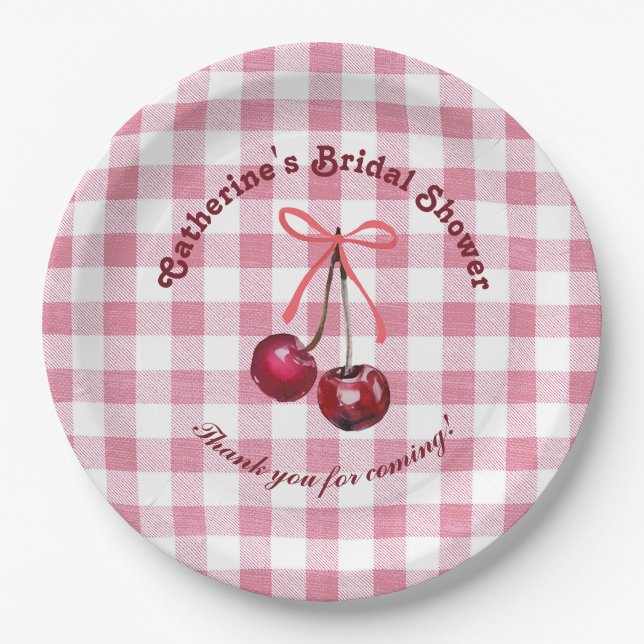 Cute Girly Bow Cherry Pink Gingham Plaid Name Paper Plate (Front)
