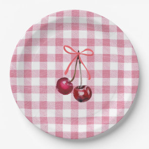 Cute Girly Bow Cherry Pink Gingham Plaid  Paper Plate