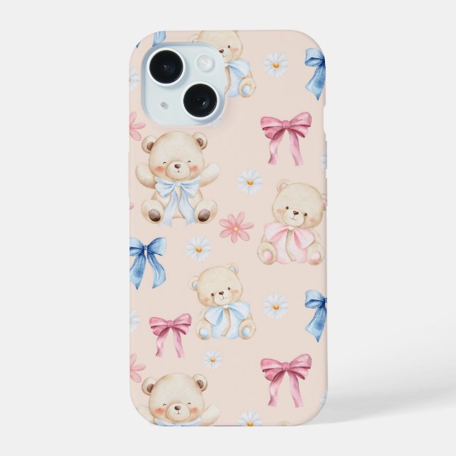 Cute Girly Bow Teddy Bears Seamless Pattern iPhone 15 Case (Back)