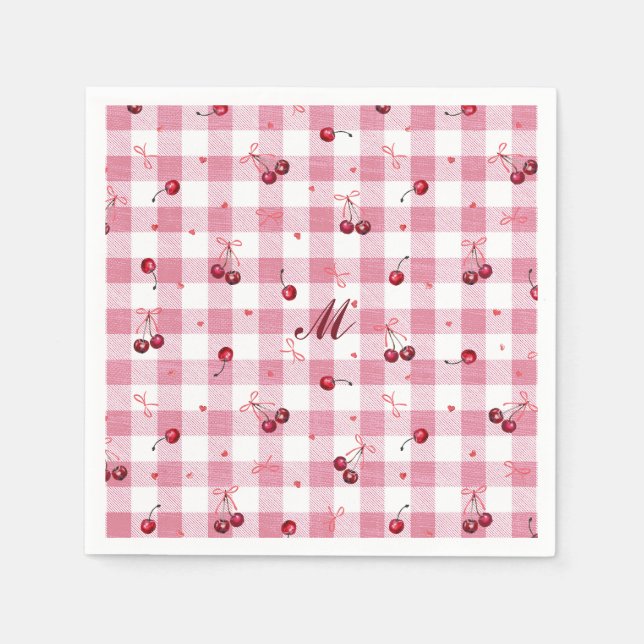 Cute Girly Bows Cherries Pink Gingham Plaid Name Napkin (Front)