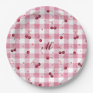 Cute Girly Bows Cherries Pink Gingham Plaid Name Paper Plate