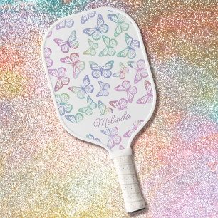 Cute Girly Butterfly Pastel Rainbow Add Your Name Pickleball Paddle