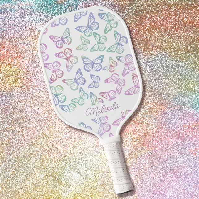 Cute Girly Butterfly Pastel Rainbow Add Your Name Pickleball Paddle (Creator Uploaded)
