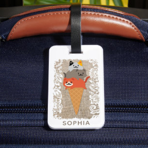 Cute Girly Cartoon Cats Ice Cream Cone Luggage Tag