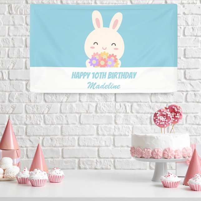 Cute Girly Cartoon Rabbit & Flowers Kids Birthday Banner (Creator Uploaded)