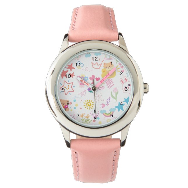Cute Girly Cartoon Rainbow Doodle eWatch Watch (Front)