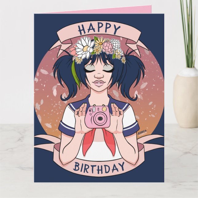 Cute Girly Cartoon Selfie Girl Camera Birthday Card (Front)