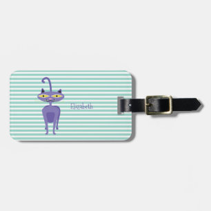 Cute Girly Cat  On Mint & White Stripes Luggage Tag
