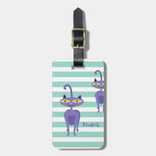 Cute Girly Cats On Mint White Stripes Luggage Tag