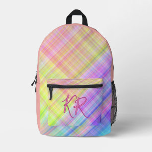 Cute Girly Checkered Plaid Initials Pink Pastel Printed Backpack