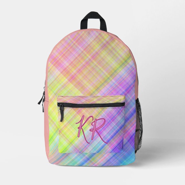Cute Girly Chequered Plaid Initials Pink Pastel Printed Backpack (Front)
