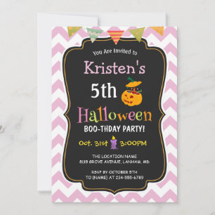 Cute Girly Chevron Kid's Halloween Birthday Party Invitation