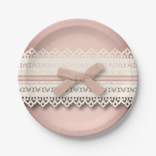 cute girly chic white lace dusty rose pink bow paper plate