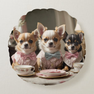 Cute Girly Chihuahua Tea Party  Round Cushion