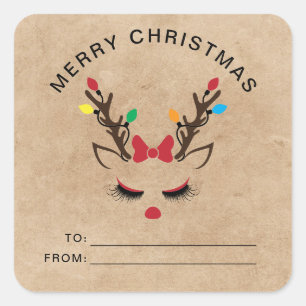 Cute Girly Christmas Reindeer Red Nose Face Classi Square Sticker