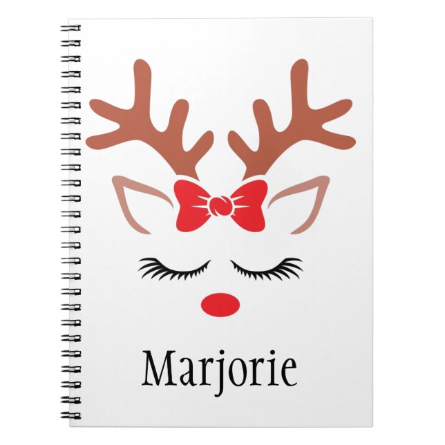 Cute girly Christmas Reindeer red nose lashes bow Notebook (Front)