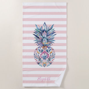 Cute Girly Colourful Pineapples Pink Stripes Beach Towel