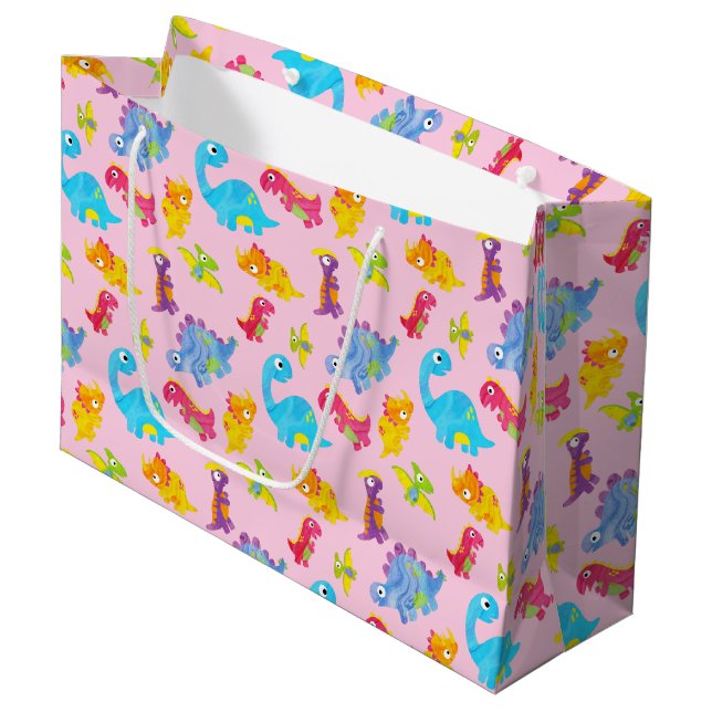 Cute Girly Colourful Pink Dinosaur Theme Birthday Large Gift Bag (Front Angled)