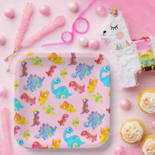 Cute Girly Colourful Pink Dinosaur Theme Birthday Paper Plate