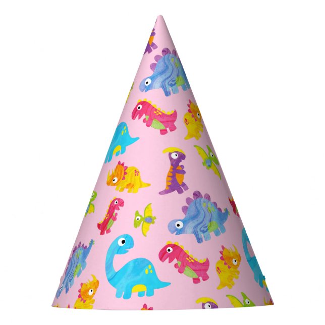 Cute Girly Colourful Pink Dinosaur Theme Birthday Party Hat (Front)