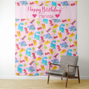 Cute Girly Colourful Pink Dinosaur Theme Birthday Tapestry
