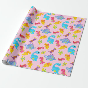 Cute Girly Colourful Pink Dinosaur Theme Birthday Wrapping Paper