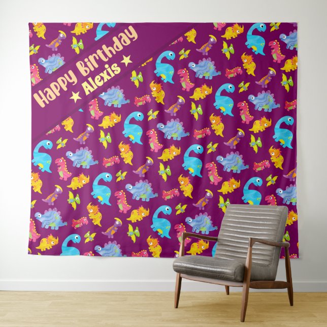 Cute Girly Colourful Purple Dinosaur Theme Birthda Tapestry (In Situ (Horizontal))