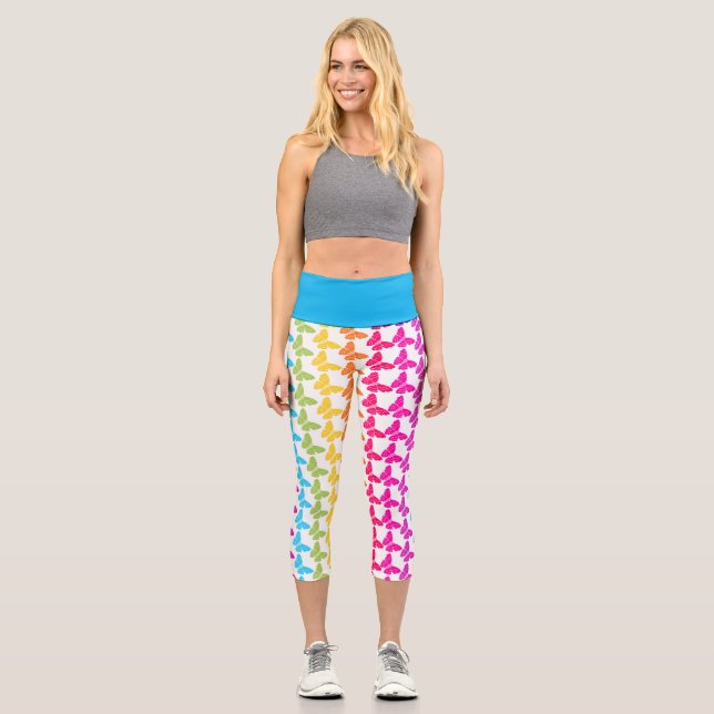 Cute Girly Colourful Rainbow Butterfly Pattern  Capri Leggings (Front)