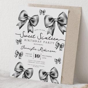 Cute Girly Coquette Bow Sweet 16 Birthday Black Invitation