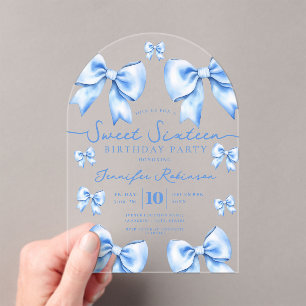 Cute Girly Coquette Bow Sweet 16 Birthday Blue Acrylic Invitations
