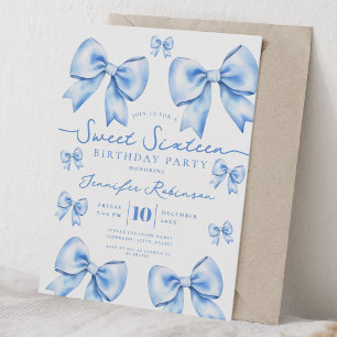 Cute Girly Coquette Bow Sweet 16 Birthday Blue Invitation