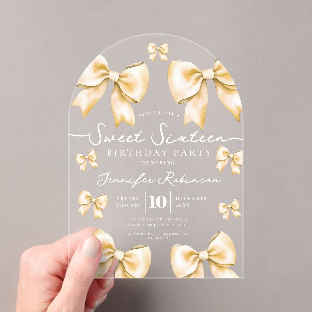 Cute Girly Coquette Bow Sweet 16 Birthday Gold  Acrylic Invitations (Insitu (Handheld))