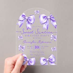 Cute Girly Coquette Bow Sweet 16 Birthday Purple  Acrylic Invitations