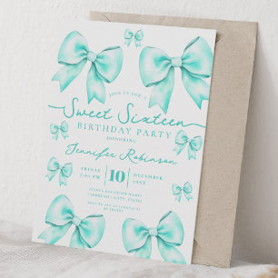 Cute Girly Coquette Bow Sweet 16 Birthday Teal Invitation