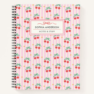 Cute Girly Coquette Cherries with Stripes Custom Notebook