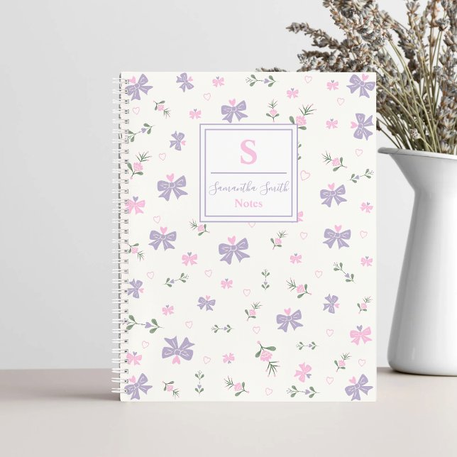Cute Girly Coquette Flowers & Bows Monogram Name Notebook (Creator Uploaded)