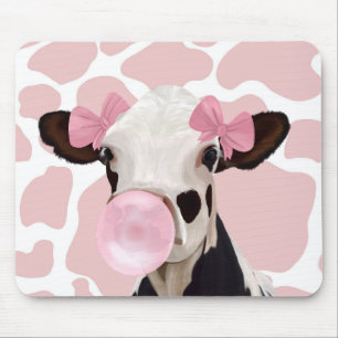 Cute Girly Cow Blowing Pink Bubblegum Mouse Mat