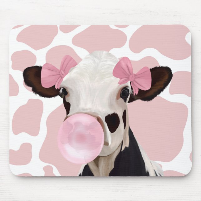 Cute Girly Cow Blowing Pink Bubblegum Mouse Mat (Front)