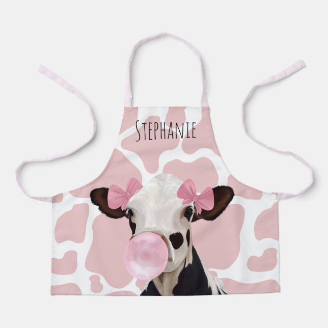 Cute Girly Cow With Pink Cow Print Background Apron (Front)